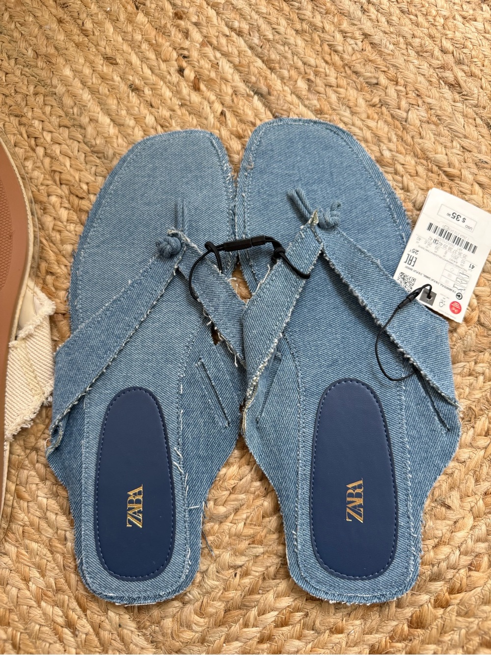 Zara Denim Frayed Cross Strap Flip Flop Sandals in Light Blue